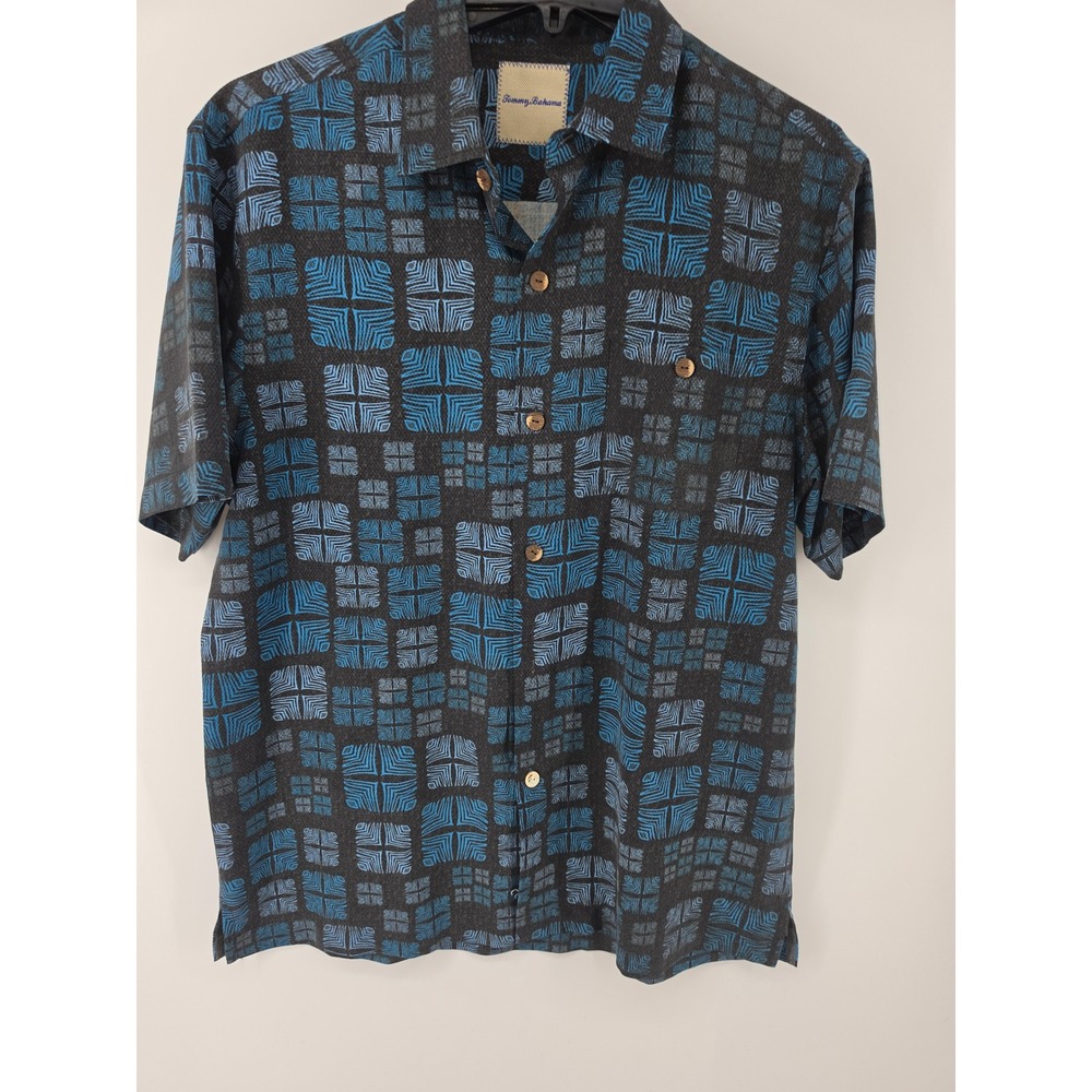 Tommy Bahama Mens Silk Short Sleeve Button Down Shirt Blue Geometric M Sample
